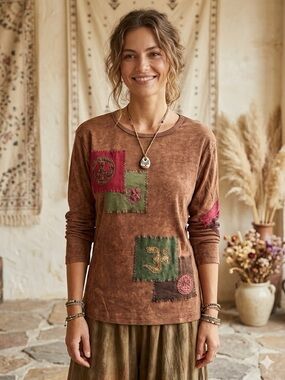 Kathmandu Imports Brown Patchwork 100% cotton Long-Sleeve Top
